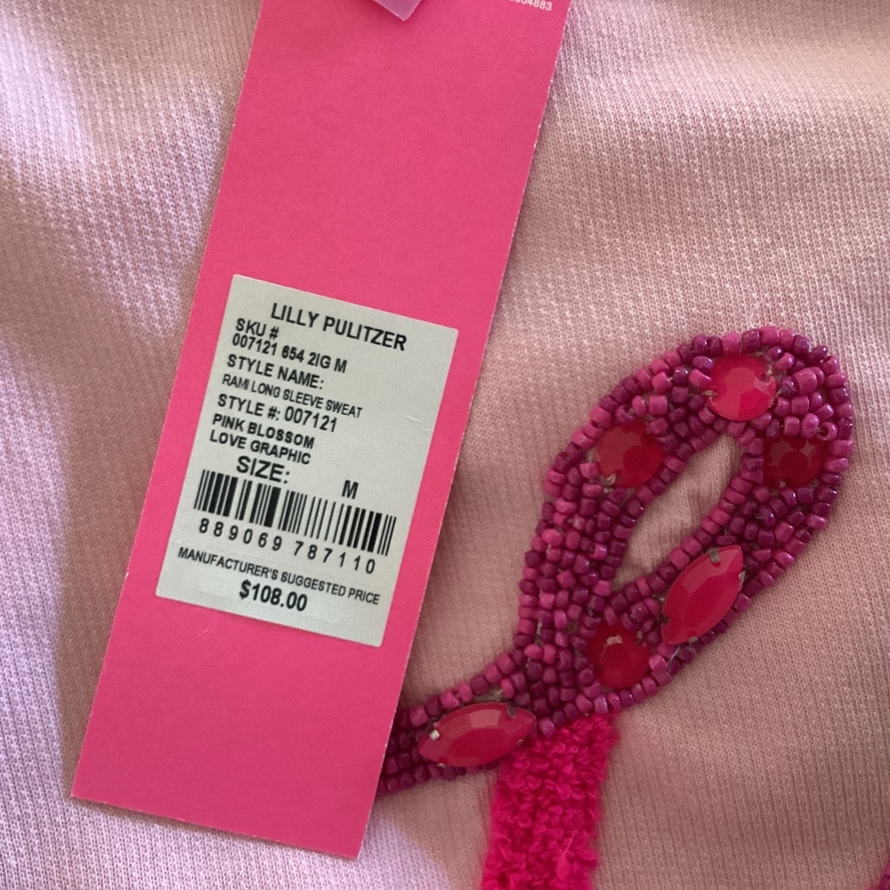 Lilly Pulitzer Cotton Rami Sweatshirt Pink Blossom 💕Love Graphic Embroidered M - Picture 9 of 14